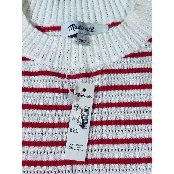 NWT Madewell Size Small Textural-Stitch Cotton Sweater Short Sleeve Red White - Picture 5 of 9